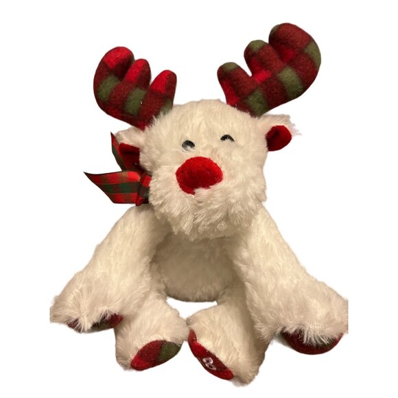 American Greetings Christmas Reindeer Plush 15 in White Plaid Antler Bow 2018 - Picture 2 of 9